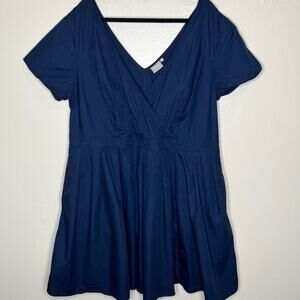 Eshakti Mini Dress w Pockets 3X Blue V-Neck Surplice Poplin Cotton Pleated 28W